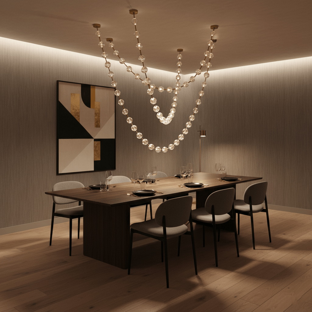 Strands of glowing spheres drape in loops above a long walnut dining table, with an abstract painting on the wall behind this Clérachic pendant.