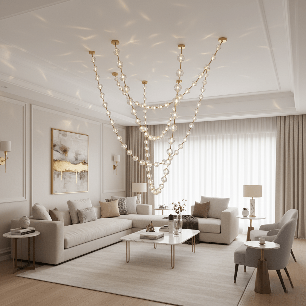 Soft light from this Clérachic pendant spills spots across a panelled ceiling above a pale sectional sofa and a gold-edged coffee table.