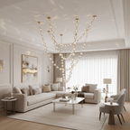 Soft light from this Clérachic pendant spills spots across a panelled ceiling above a pale sectional sofa and a gold-edged coffee table.