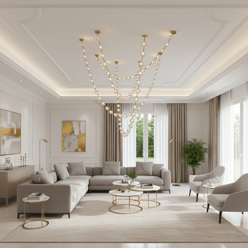 This Clérachic pendant hangs in a bright living room with a coved ceiling, its glowing strands falling above a grey sectional and two round coffee tables.