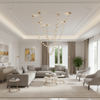 This Clérachic pendant hangs in a bright living room with a coved ceiling, its glowing strands falling above a grey sectional and two round coffee tables.