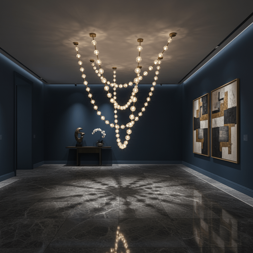 Warm light from this Clérachic pendant picks out a navy gallery-style room with framed art and a dark marble floor that reflects the glow.