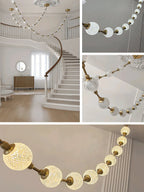 Collage of a staircase hall with this Clérachic pendant overhead and three close views of patterned spheres joined by gold rods, one of them lit warm.