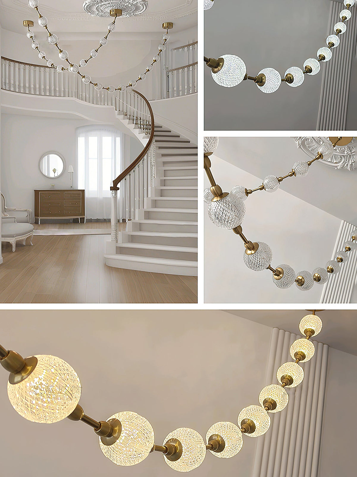 Collage of a staircase hall with this Clérachic pendant overhead and three close views of patterned spheres joined by gold rods, one of them lit warm.