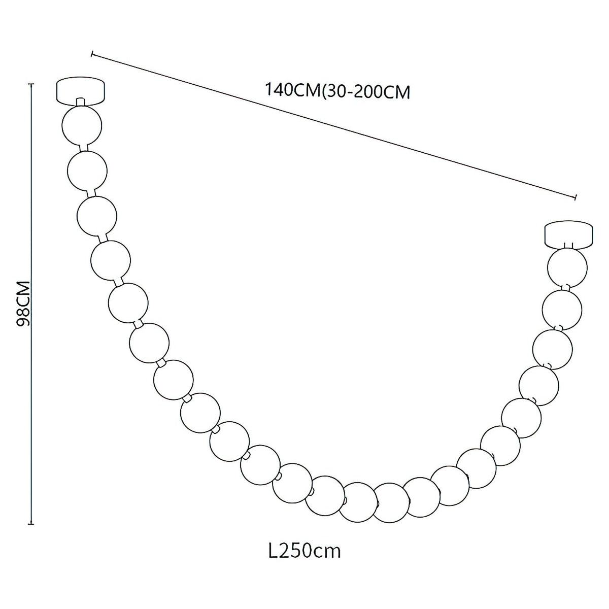 Dimension drawing of this Clérachic pendant, with its height and width marked for one 250 cm strand.