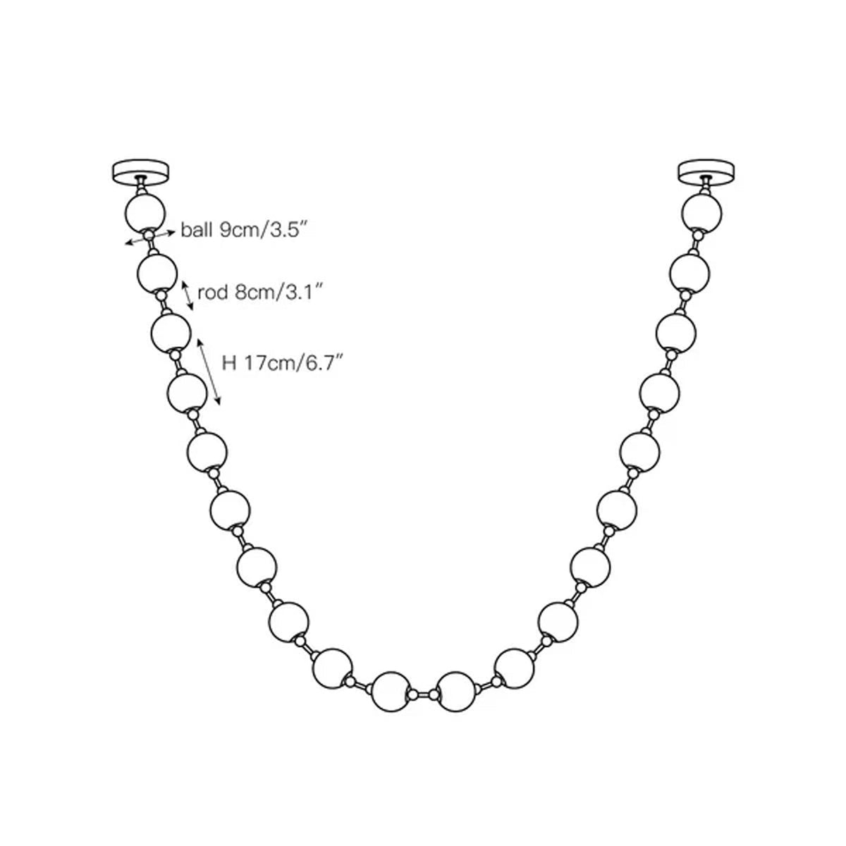 Dimension drawing of this Clérachic pendant, with the sphere size, rod length and strand height marked in centimetres and inches.