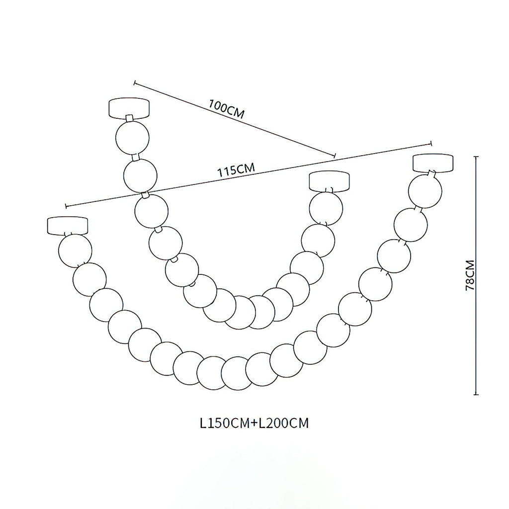 Dimension drawing of this Clérachic pendant with two strands, with their lengths and overall height marked.