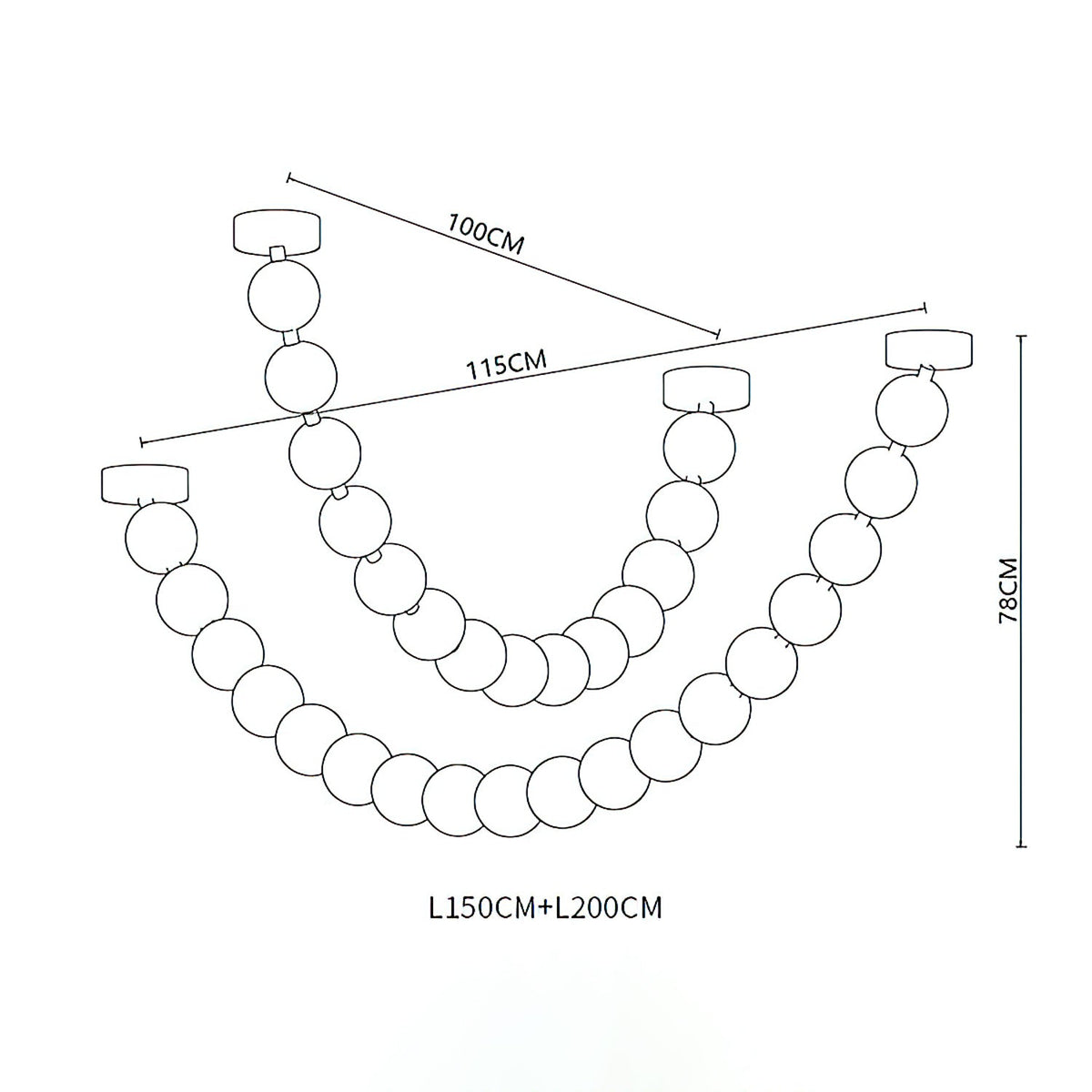 Dimension drawing of this Clérachic pendant with two strands, with their lengths and overall height marked.