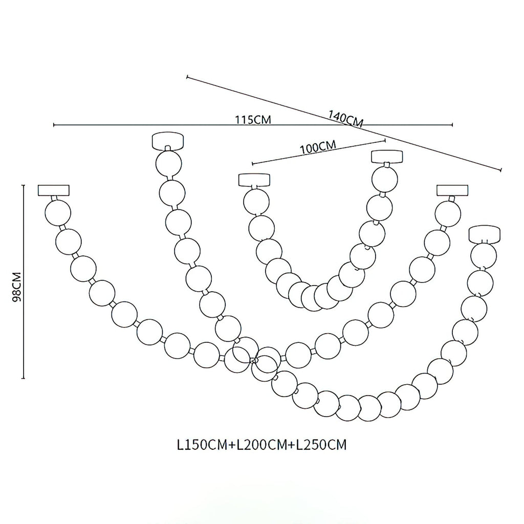 Dimension drawing of this Clérachic pendant with three strands, with their lengths, spread and overall height marked.