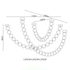 Dimension drawing of this Clérachic pendant with three strands, with their lengths, spread and overall height marked.