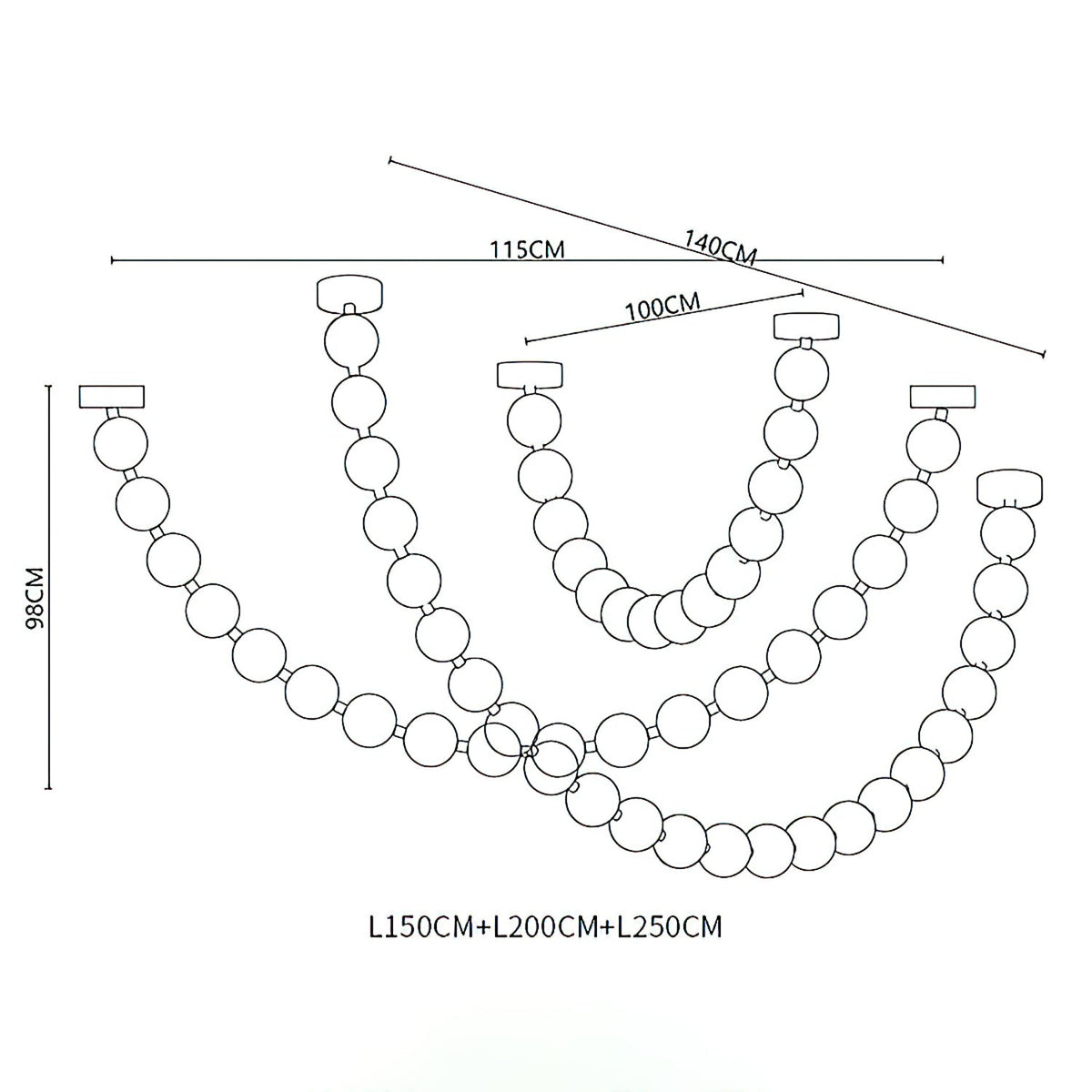 Dimension drawing of this Clérachic pendant with three strands, with their lengths, spread and overall height marked.