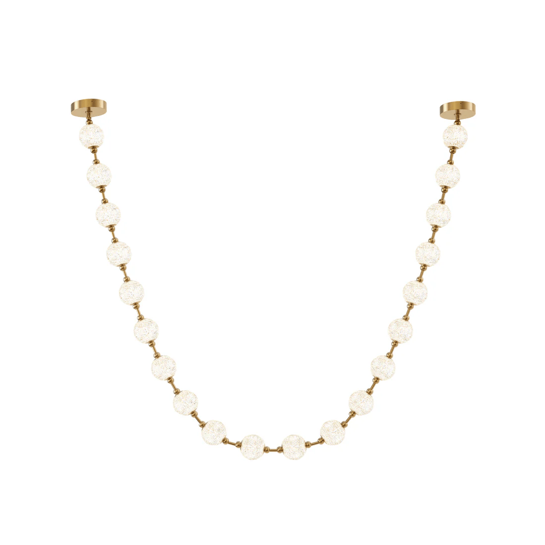 A single gold-linked strand of frosted spheres curves between two brass ceiling plates on white, the simplest form of this Clérachic pendant.