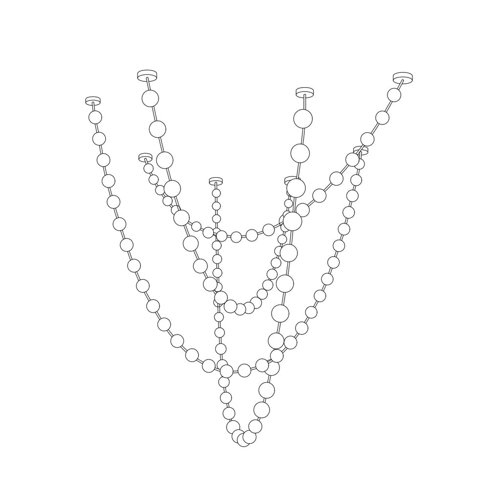 Line drawing of this Clérachic pendant with five strands of different lengths and sphere sizes, seen from the front.