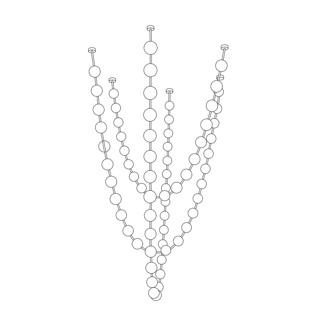 Outline drawing of this Clérachic pendant as a tall bunch of strands that gather to a low point, on white.