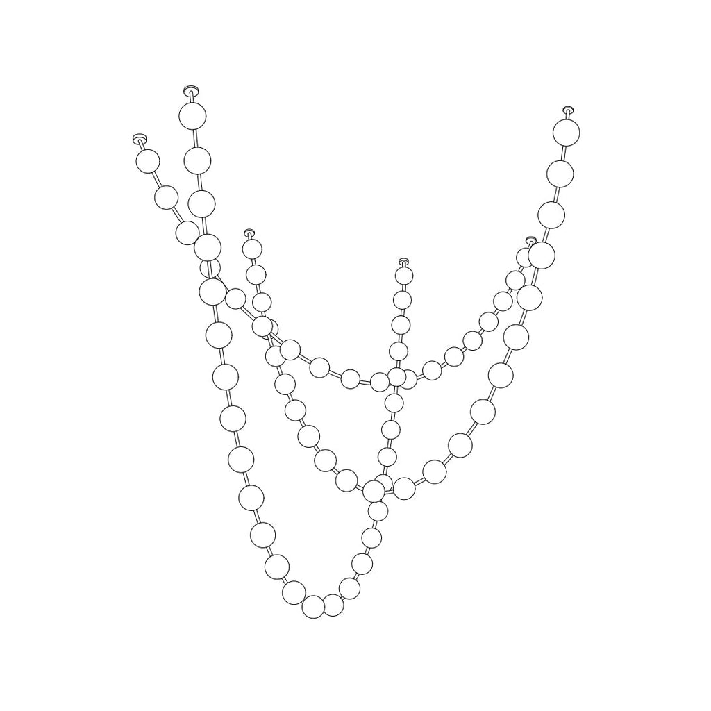 Line drawing of a layout of this Clérachic pendant with three wide strands and shorter strands between them.