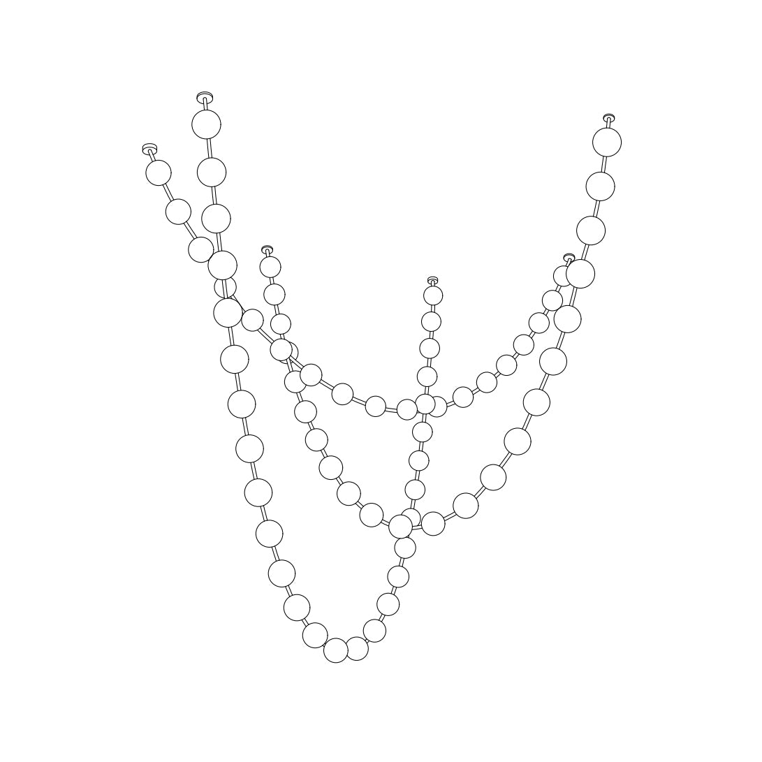 Line drawing of a layout of this Clérachic pendant with three wide strands and shorter strands between them.