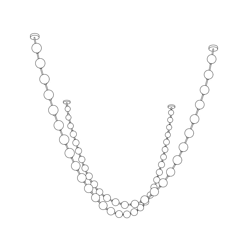 Line drawing of two long strands of this Clérachic pendant beside a shorter strand, hanging in a deep curve.