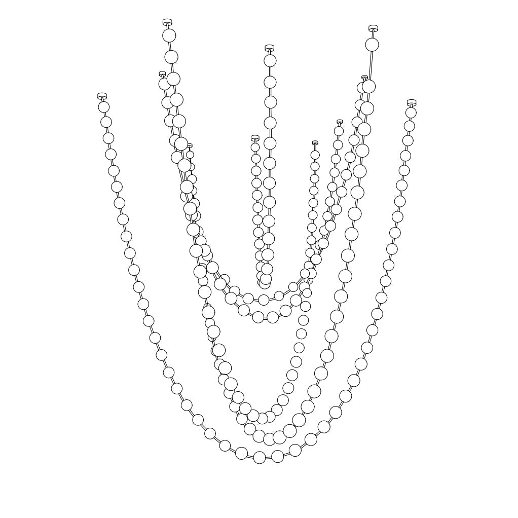 Outline drawing of this Clérachic pendant as a dense set of strands, the largest with big spheres and others with small beads.