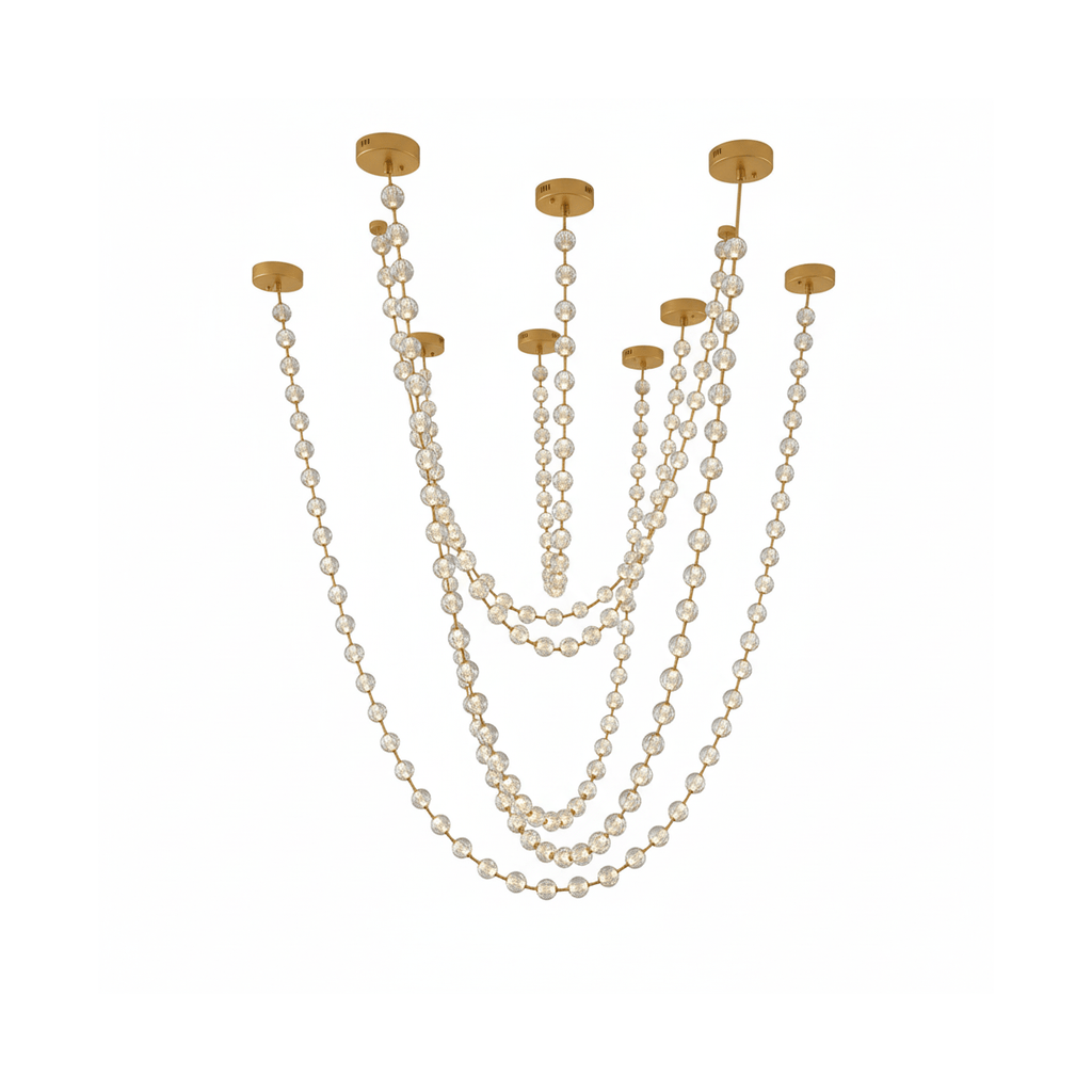 Cut-out view on white of nine brass ceiling plates and long beaded strands in clear and gold, in the largest layout of this Clérachic pendant.