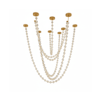 Cut-out view on white of nine brass ceiling plates and long beaded strands in clear and gold, in the largest layout of this Clérachic pendant.
