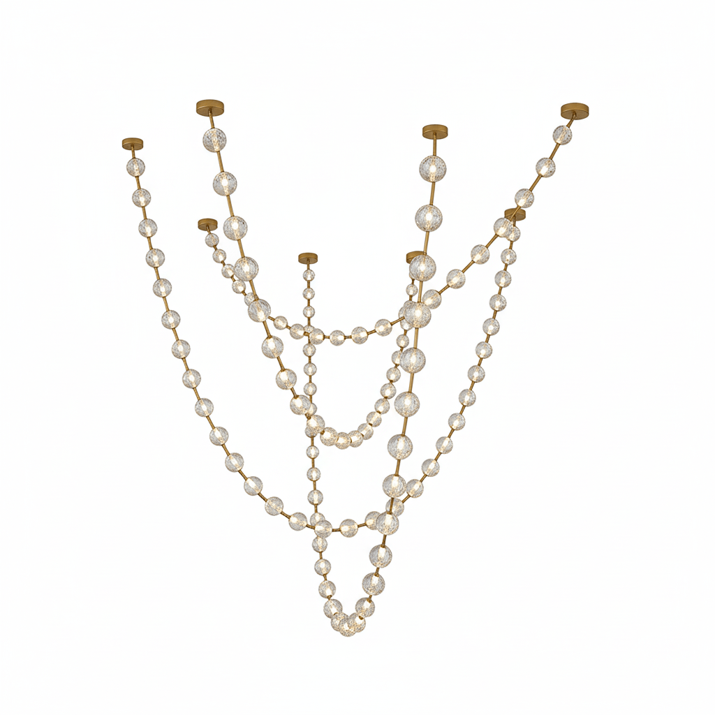 On white, this Clérachic pendant shows five long strands of clear spheres and gold links, each from its own brass plate.