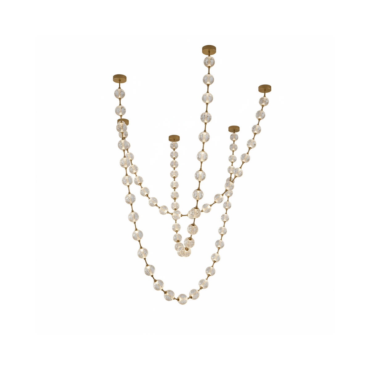 Cut-out of this Clérachic pendant with four strands of clear spheres meeting at a low point, the gold links barely visible.