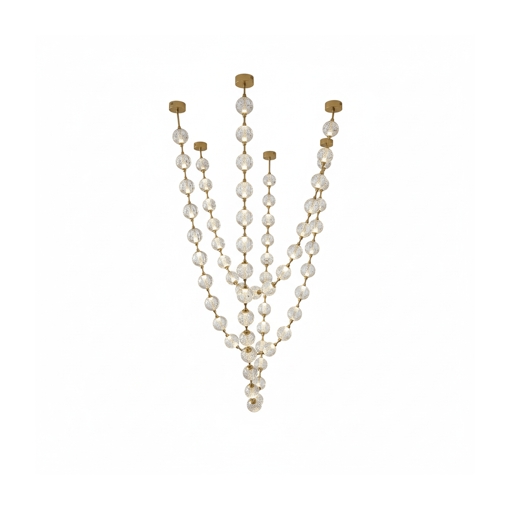 Tall, narrow cut-out of this Clérachic pendant with five strands of clear spheres drawn together at the bottom.
