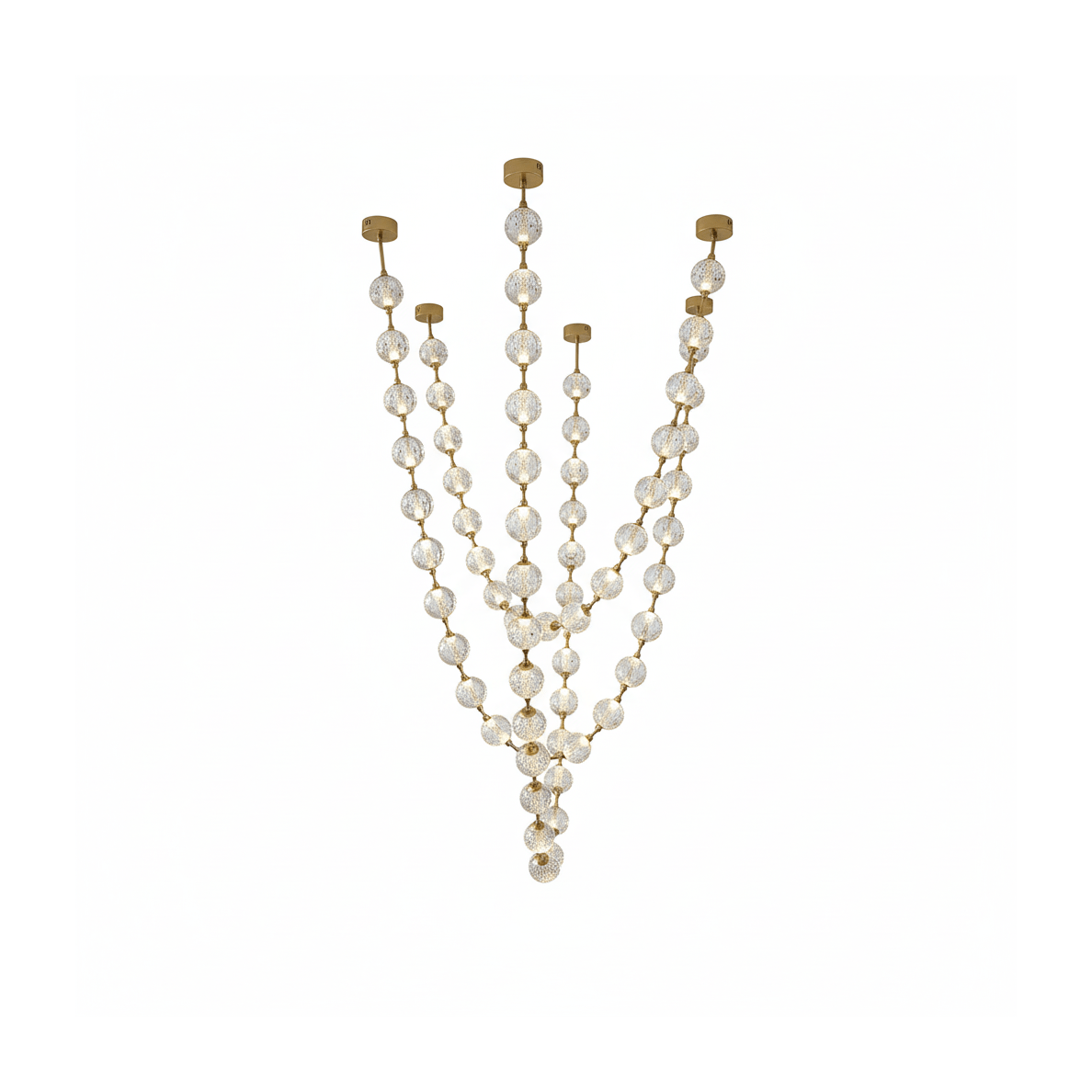 Tall, narrow cut-out of this Clérachic pendant with five strands of clear spheres drawn together at the bottom.