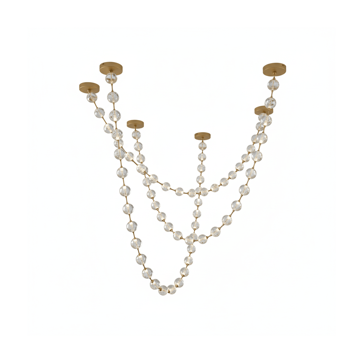 Cut-out view of this Clérachic pendant with five brass plates and strands of clear spheres in staggered lengths.