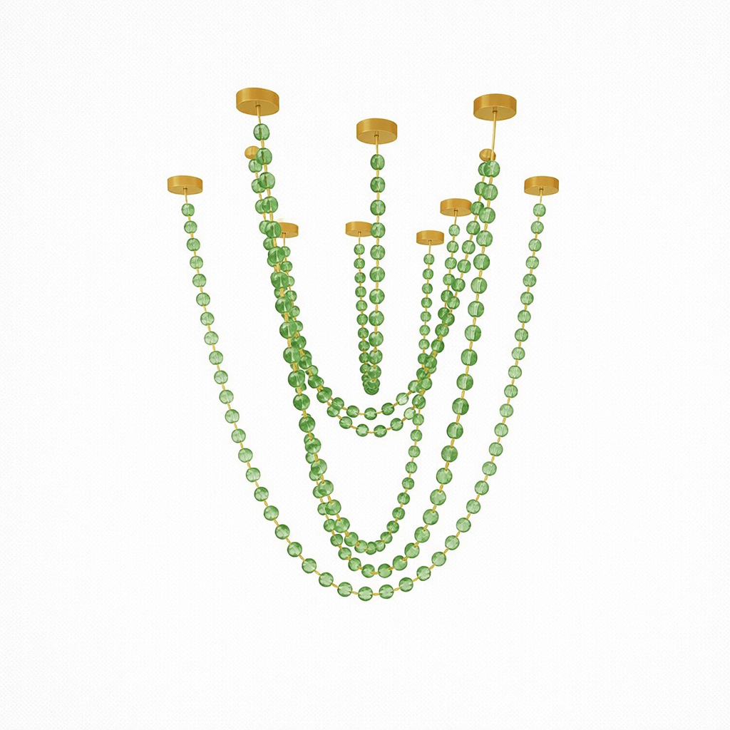 Nine brass plates and long strands of small green spheres hang on white, in the largest green layout of this Clérachic pendant.