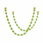 Two green strands of this Clérachic pendant hang from four brass plates, the longer strand using larger spheres, on white.