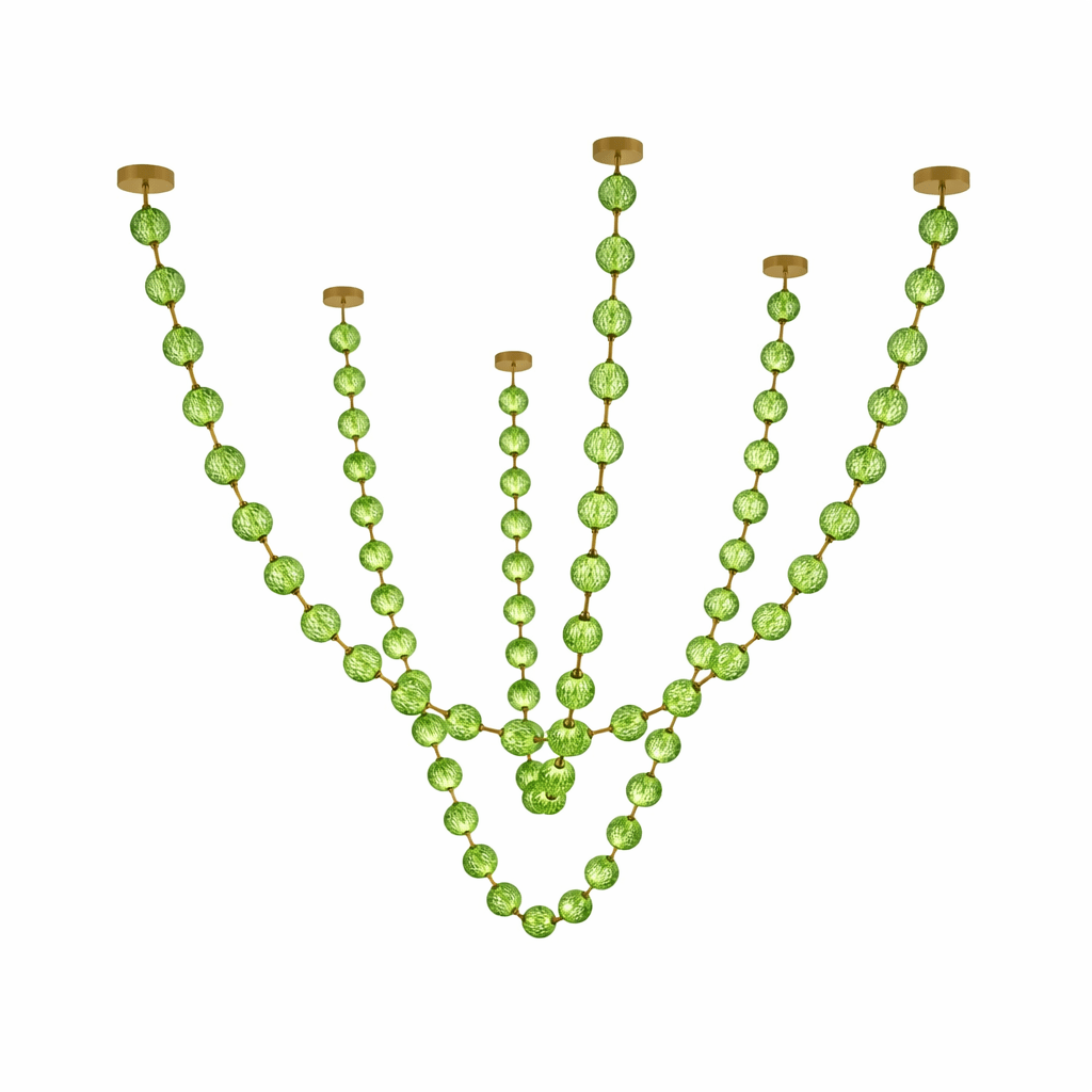 A green version of this Clérachic pendant on white, with five strands of different heights meeting in a point at the bottom.