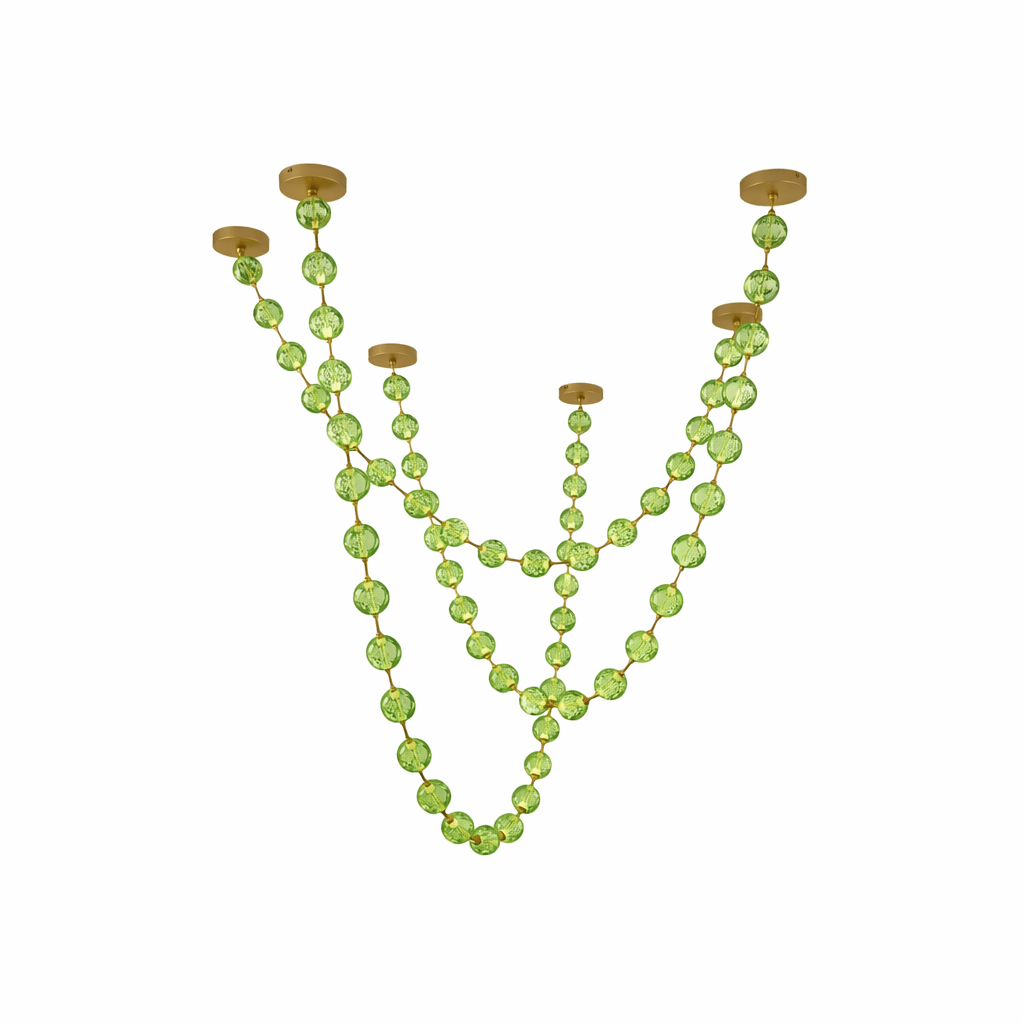 Cut-out of this Clérachic pendant in pale green with five strands, the green spheres lighter than in other views.