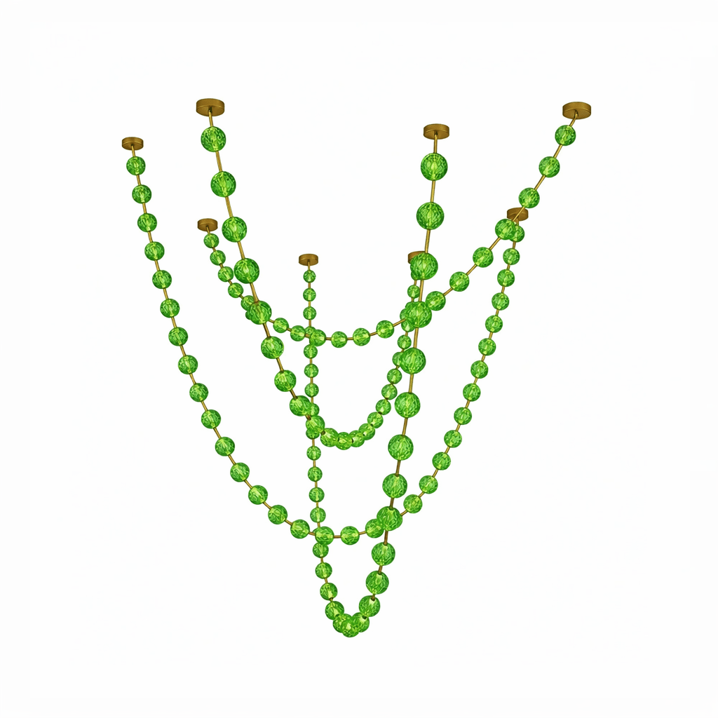 Bright green spheres on five staggered strands of this Clérachic pendant, with gold links and plates, on white.
