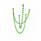 Green spheres on gold links hang in five uneven strands, from this Clérachic pendant, on a pale background.