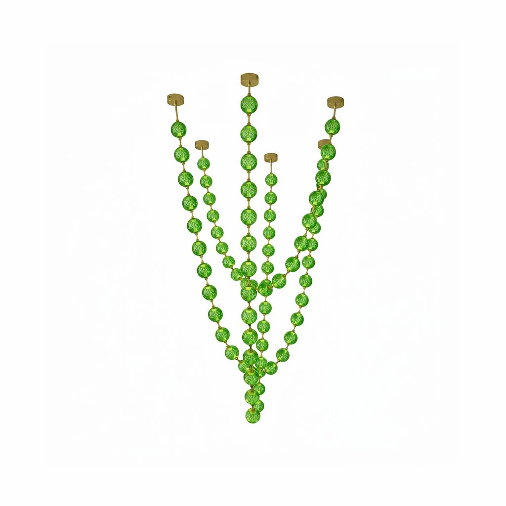 A tall bunch of green sphere strands from this Clérachic pendant gathers towards a single point on a pale backdrop.