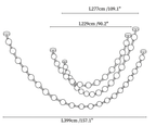 Dimension drawing of this Clérachic pendant with three strands, with the length of each one marked in centimetres and inches.
