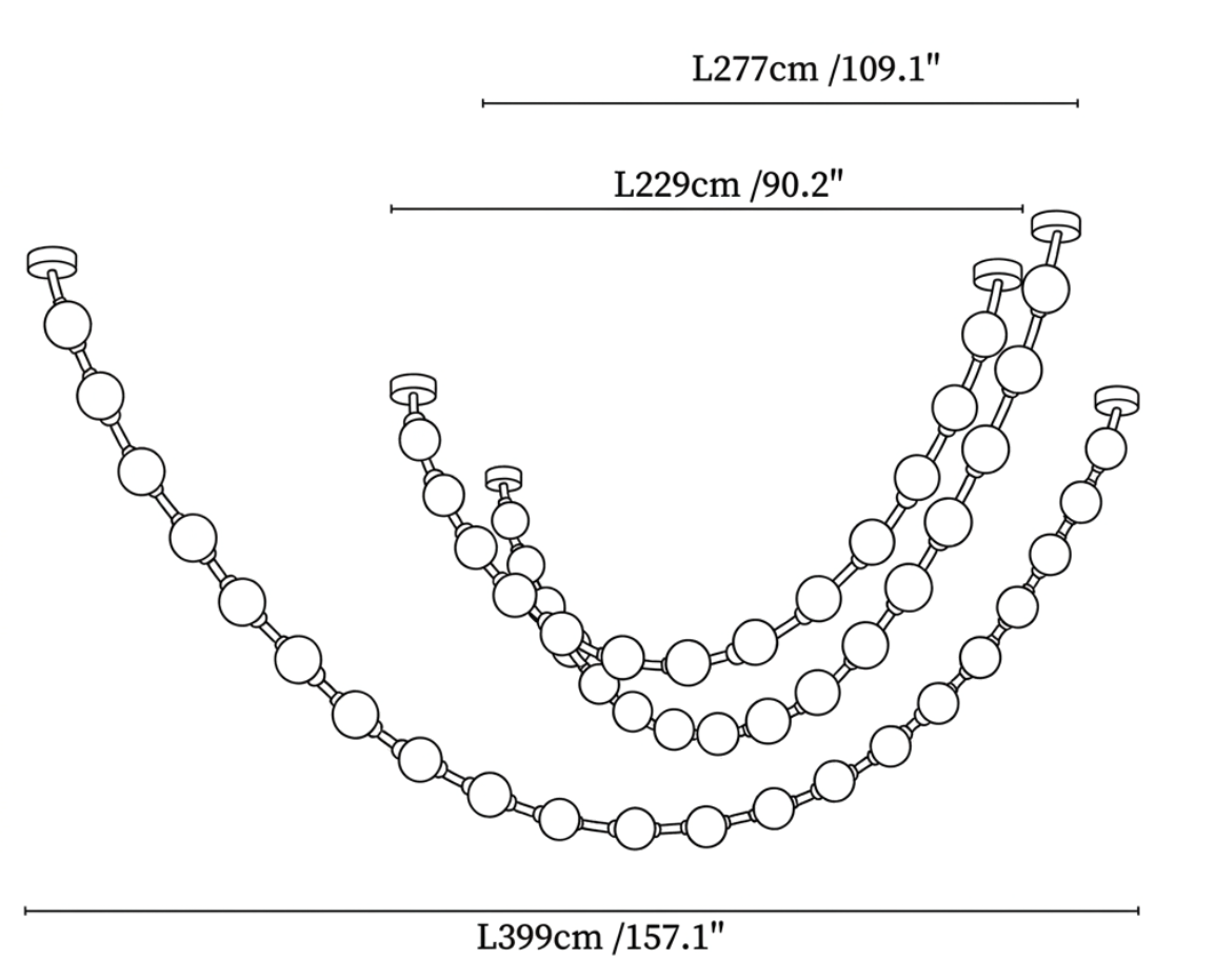 Dimension drawing of this Clérachic pendant with three strands, with the length of each one marked in centimetres and inches.
