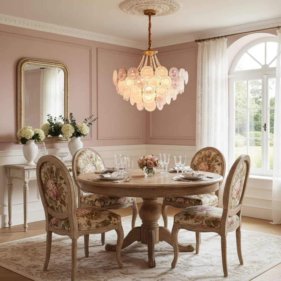 This Clérachic pendant hangs in a dining room with rose-pink walls, a round wooden table and floral-upholstered chairs below it.