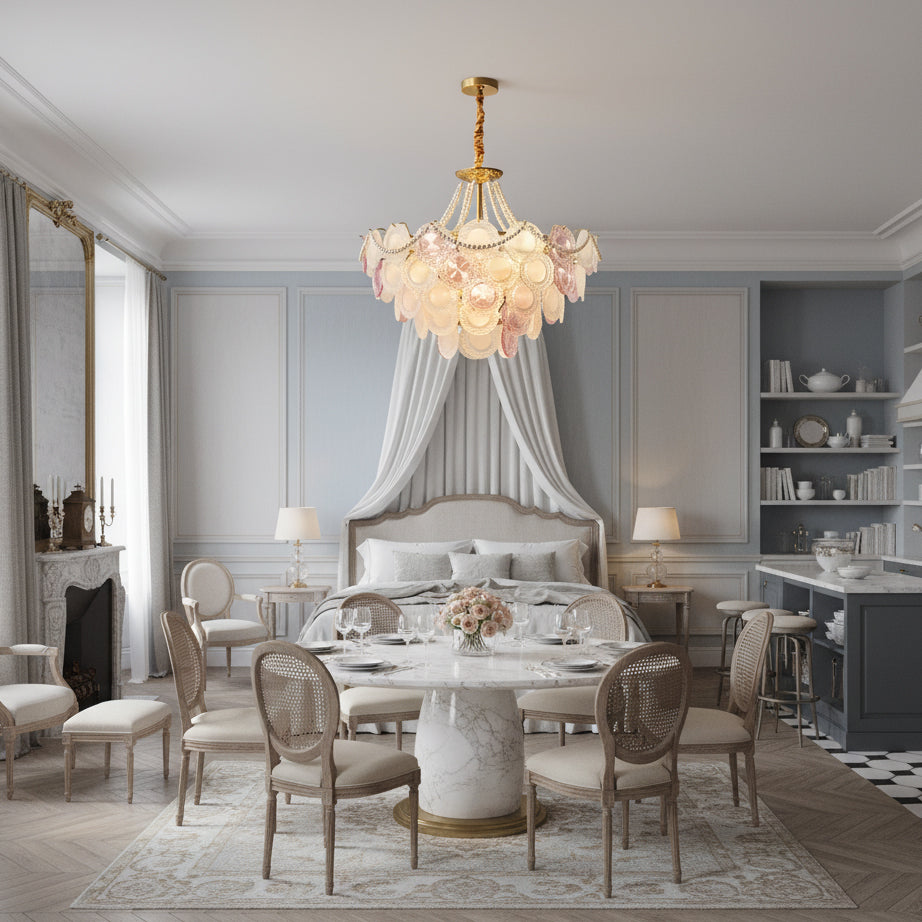 A Clérachic tiered glass-disc pendant lights a pale blue dining room with a marble table, cane-back chairs and a draped bed beyond.