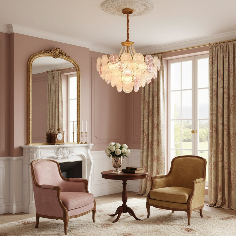 Clérachic glass-disc pendant under a plaster ceiling rose, in a pink-walled sitting room with a gilt mirror and two armchairs.