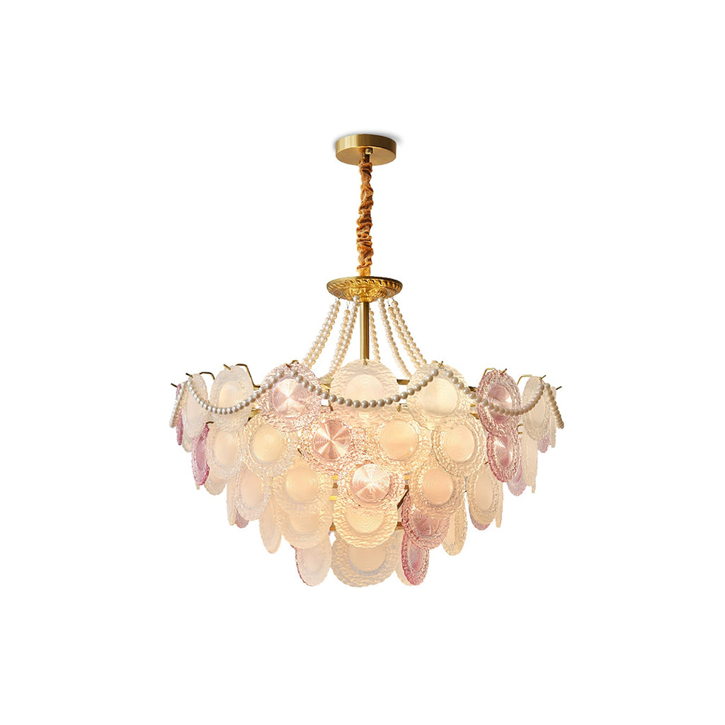A Clérachic pendant with pearl strands and tiers of pink and frosted glass discs, shown on a plain white backdrop.