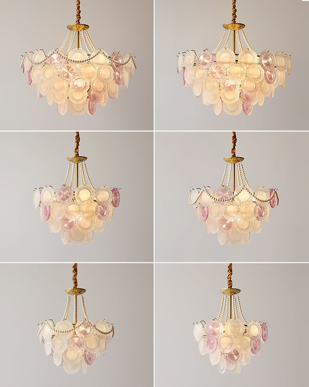 Six small views of a Clérachic pendant, lit and unlit, from different angles, with pearl strands and pink and frosted glass discs.