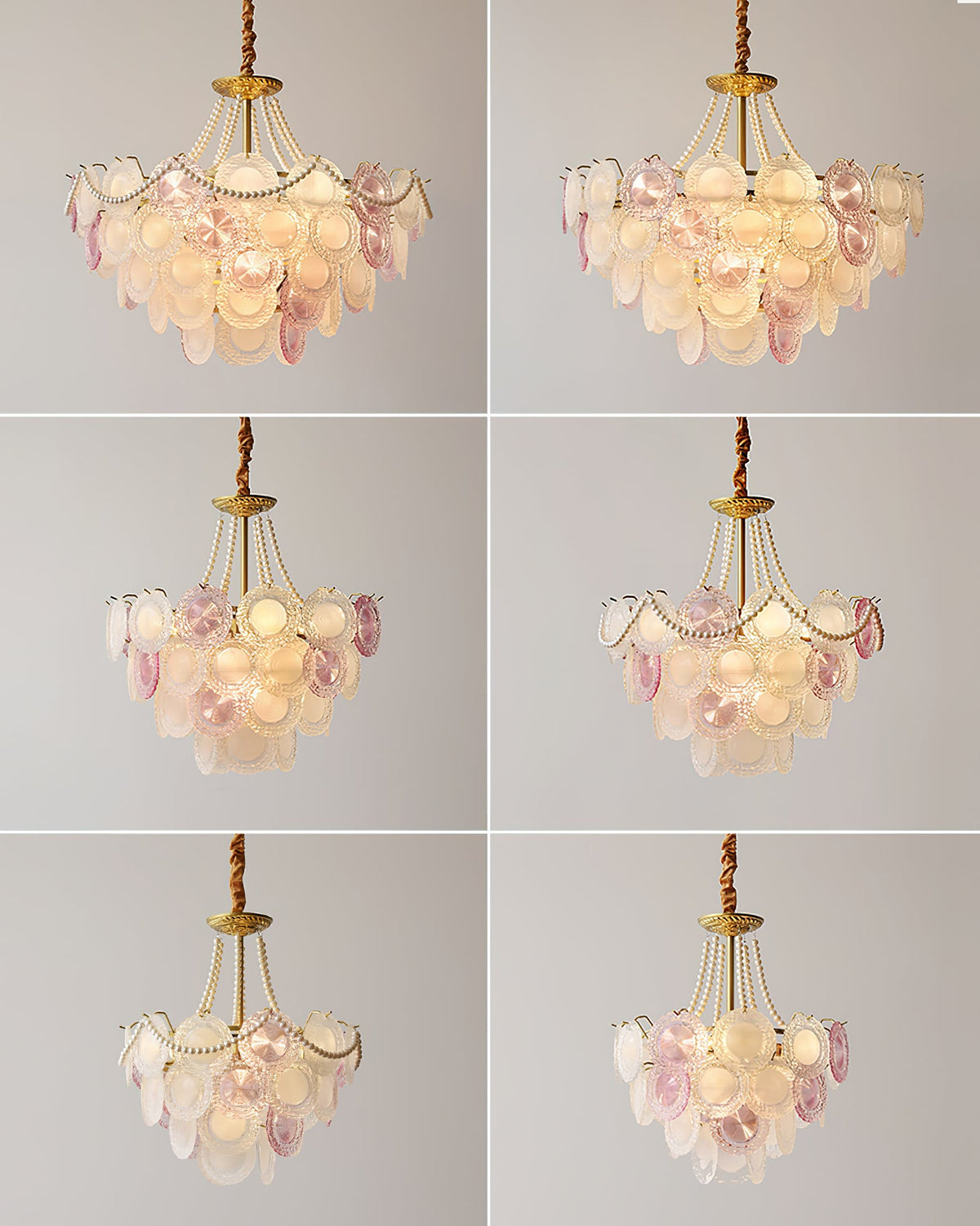 Six small views of a Clérachic pendant, lit and unlit, from different angles, with pearl strands and pink and frosted glass discs.