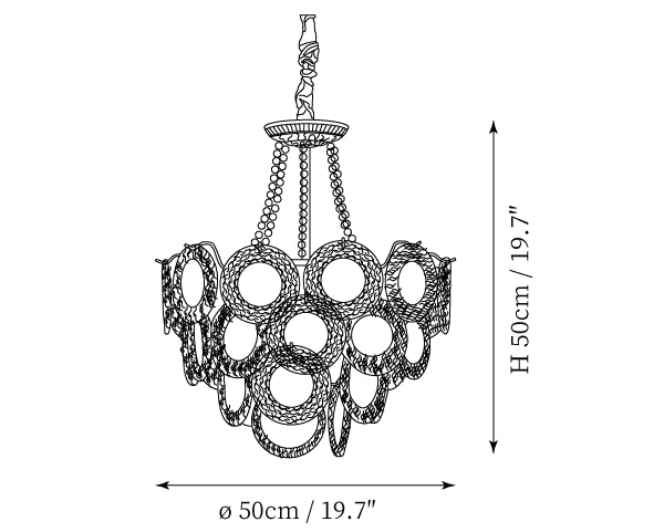 Clérachic pendant light dimension drawing, 1 of 6, every measurement marked in centimetres and inches.