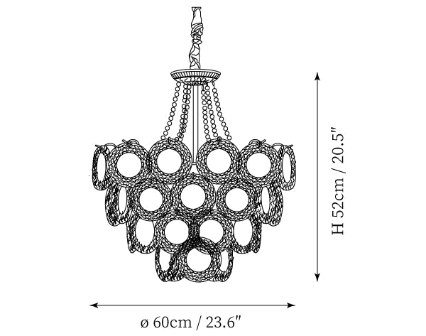 Clérachic pendant light dimension drawing, 2 of 6, every measurement marked in centimetres and inches.
