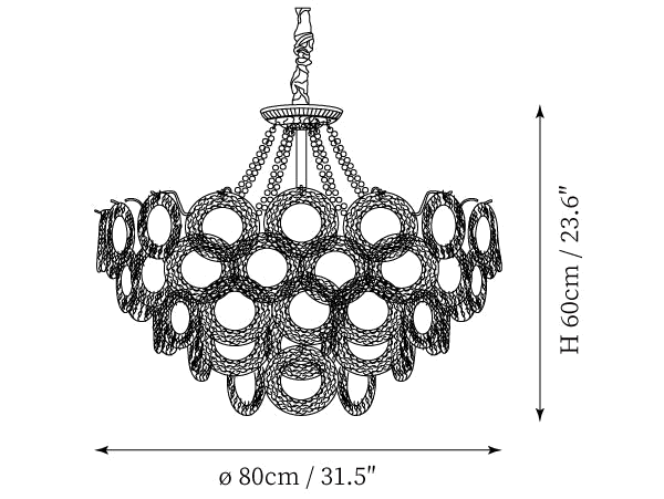 Clérachic pendant light dimension drawing, 3 of 6, every measurement marked in centimetres and inches.