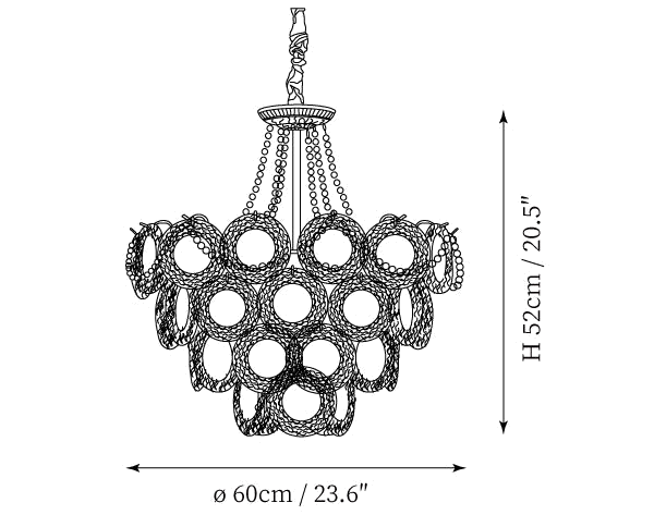 Clérachic pendant light dimension drawing, 5 of 6, every measurement marked in centimetres and inches.