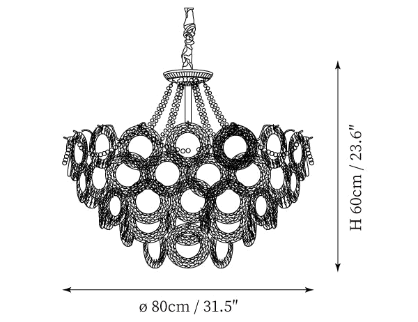 Clérachic pendant light dimension drawing, 6 of 6, every measurement marked in centimetres and inches.