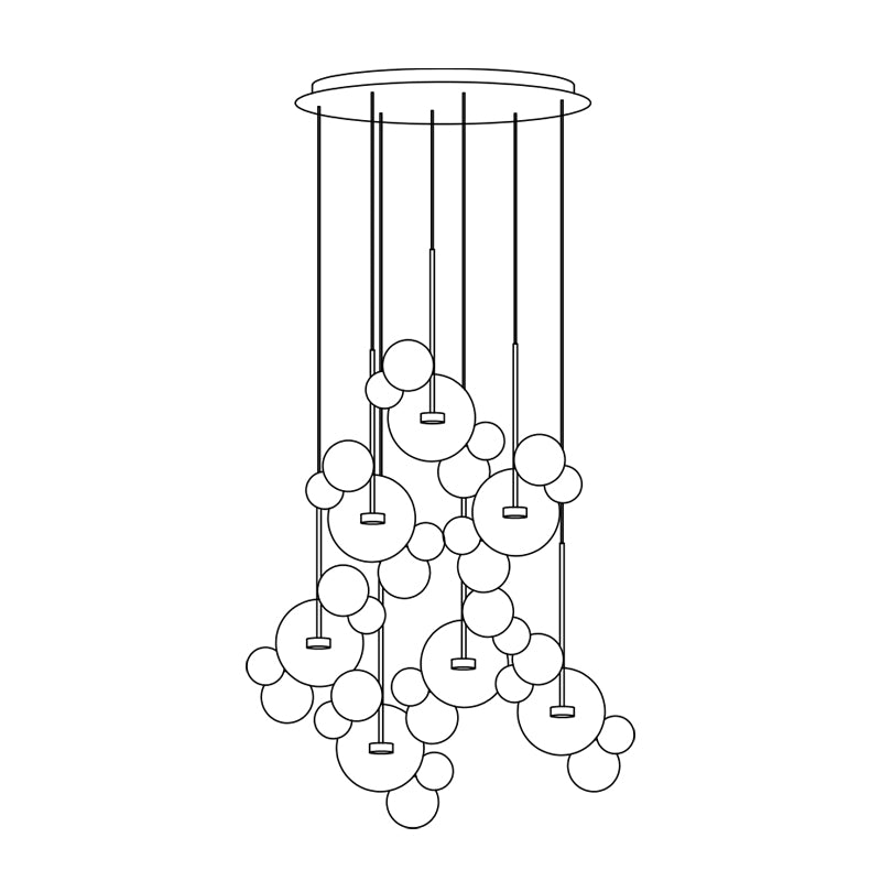 Line drawing of this Clérachic glass sphere pendant installation, showing a round ceiling plate, cables and spheres.